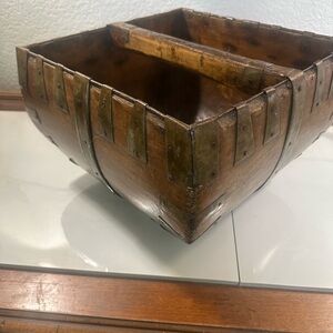 So cute filled w flowers Chinese primitive wood basket rice measure “Dou”